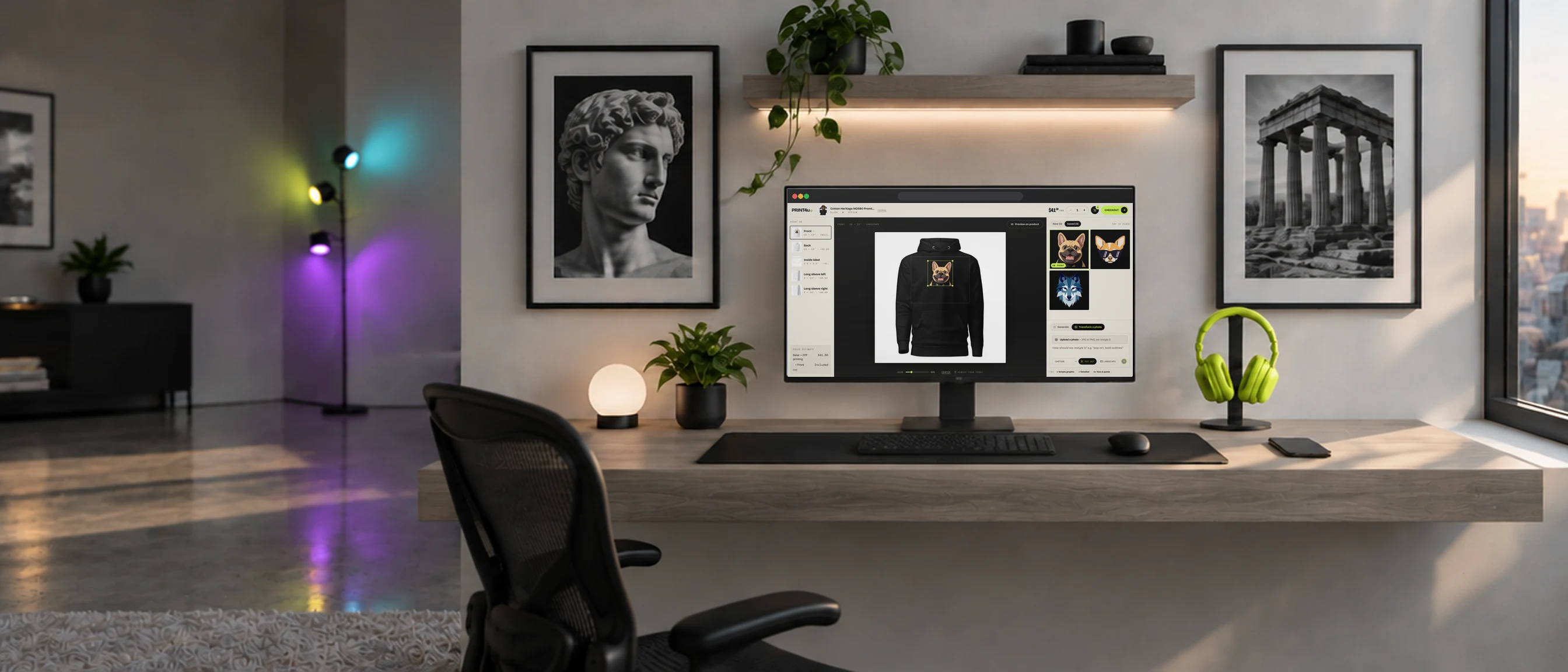 A home desk with the PRINT4u design page open, placing a bulldog design on a black hoodie.