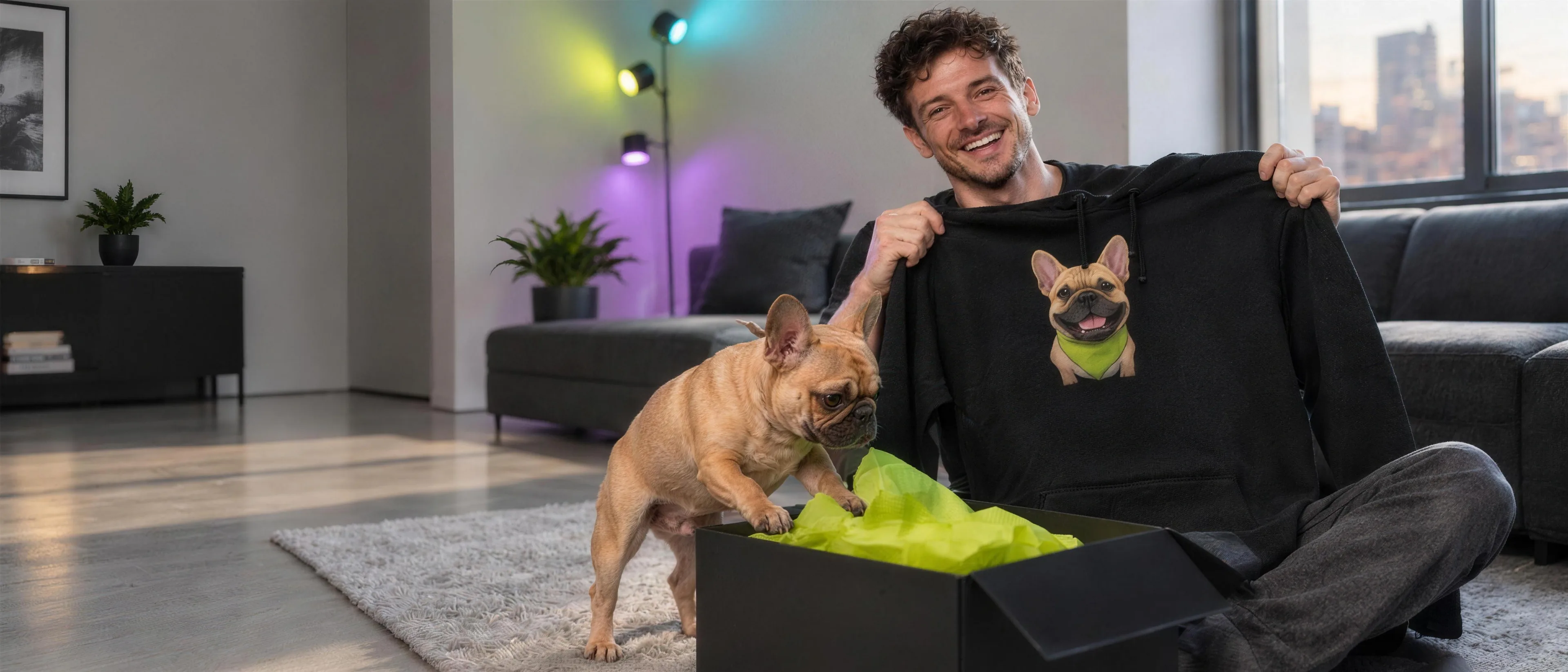 A man unboxing a black hoodie printed with a cartoon of his French bulldog while the dog sniffs the box.