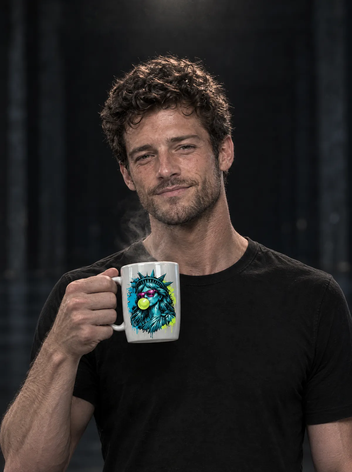 The same man holding a steaming white mug printed with the Statue of Liberty blowing bubblegum