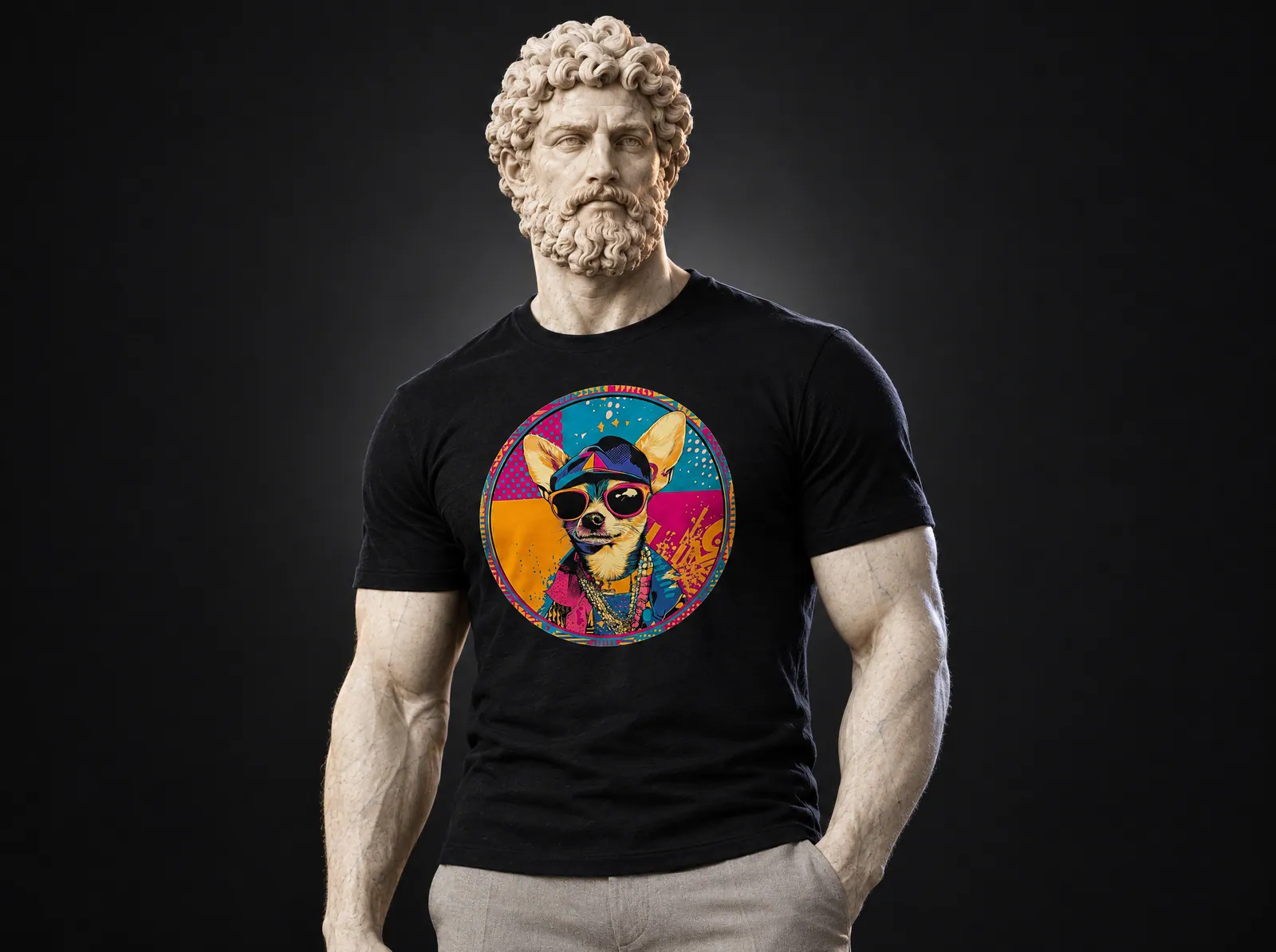 The marble statue in a black tee printed with a pop-art chihuahua